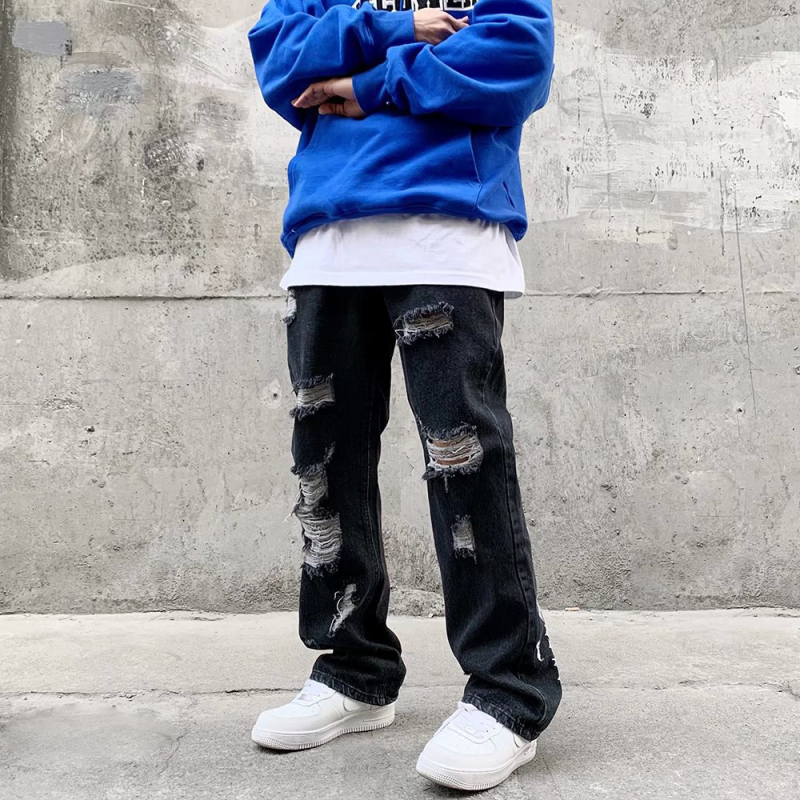 Jeansi brodați - Stil High Street, drepți, ușor evazați, talie medie, fermoar