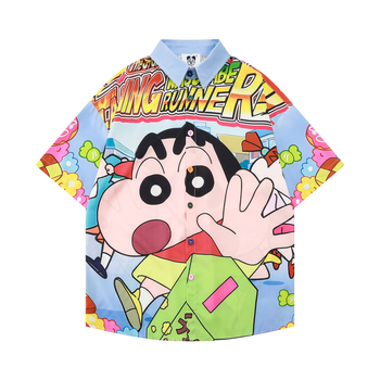 Košulja kratkih rukava s karikaturama, japanski stil, slobodan kroj, stojeći ovratnik, poliester 95%+