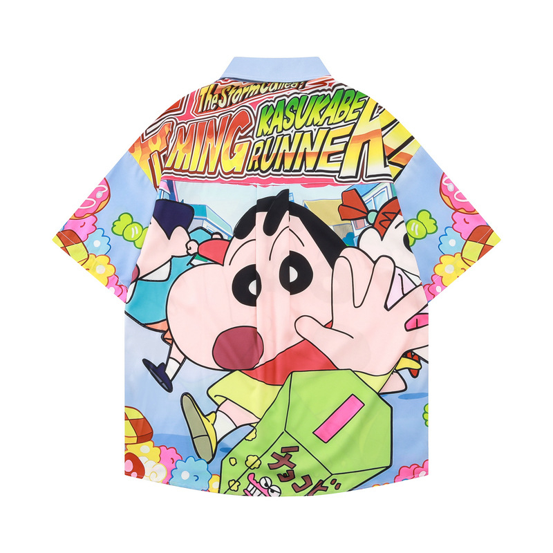 Košulja kratkih rukava s karikaturama, japanski stil, slobodan kroj, stojeći ovratnik, poliester 95%+