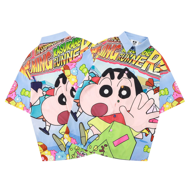 Košulja kratkih rukava s karikaturama, japanski stil, slobodan kroj, stojeći ovratnik, poliester 95%+