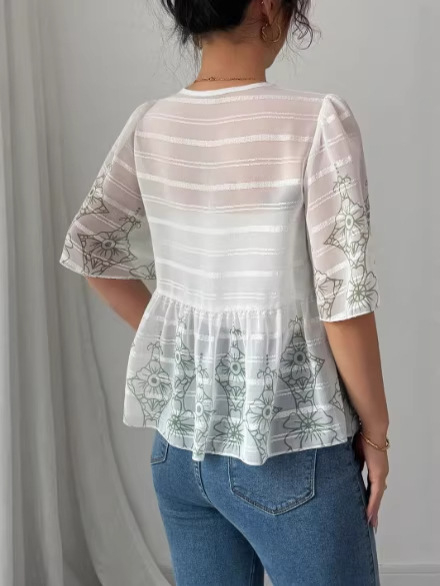Poliester košulja s geometrijskim uzorkom, boemski stil, kratki rukavi, okrugli ovratnik