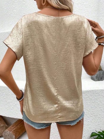 Cămașă pentru femei cu mâneci scurte, poliester, croi lejer, lungime medie, ștampilare termică