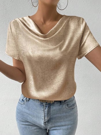 Cămașă pentru femei cu mâneci scurte, poliester, croi lejer, lungime medie, ștampilare termică