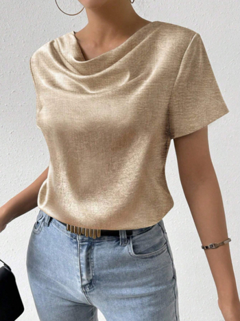 Cămașă pentru femei cu mâneci scurte, poliester, croi lejer, lungime medie, ștampilare termică