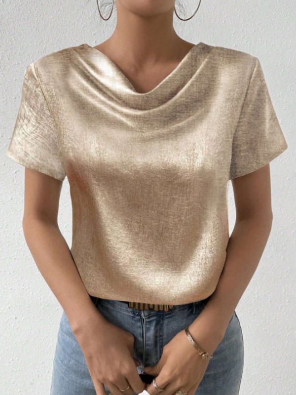 Cămașă pentru femei cu mâneci scurte, poliester, croi lejer, lungime medie, ștampilare termică