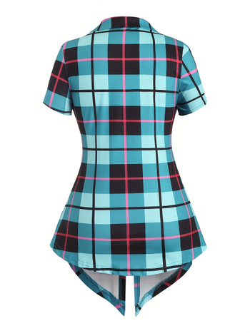 Cămașă cu model în grilă, poliester ≥95%, mânecă scurtă, guler turn-down, croială A-line