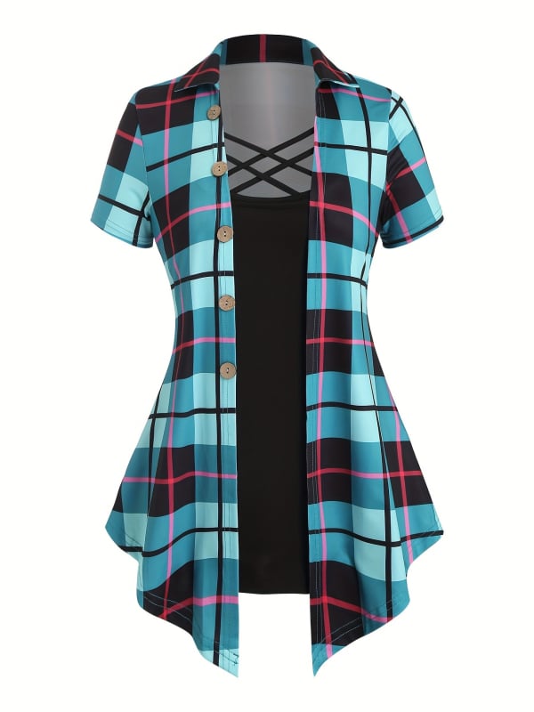 Cămașă cu model în grilă, poliester ≥95%, mânecă scurtă, guler turn-down, croială A-line