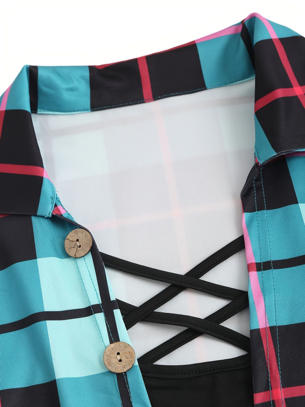 Cămașă cu model în grilă, poliester ≥95%, mânecă scurtă, guler turn-down, croială A-line