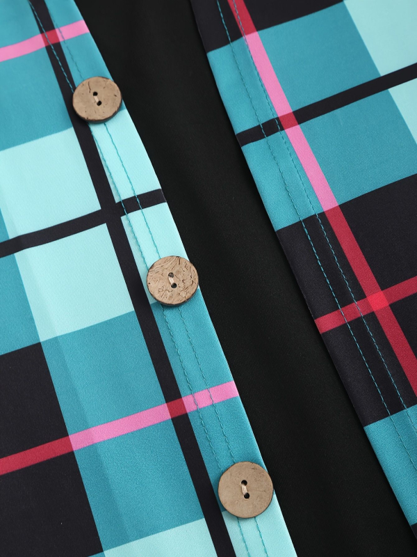 Cămașă cu model în grilă, poliester ≥95%, mânecă scurtă, guler turn-down, croială A-line