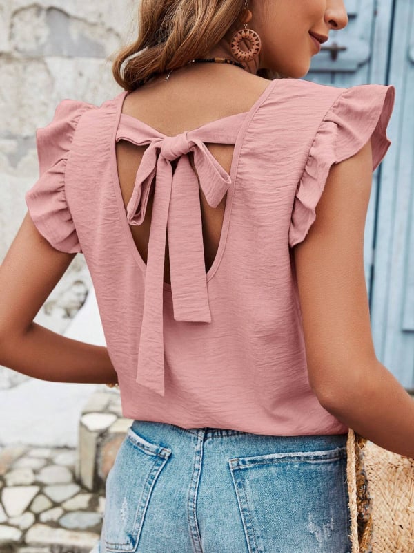 Bluza damă cu mâneci scurte, decolteu rotund, volane și plisaj, poliester solid