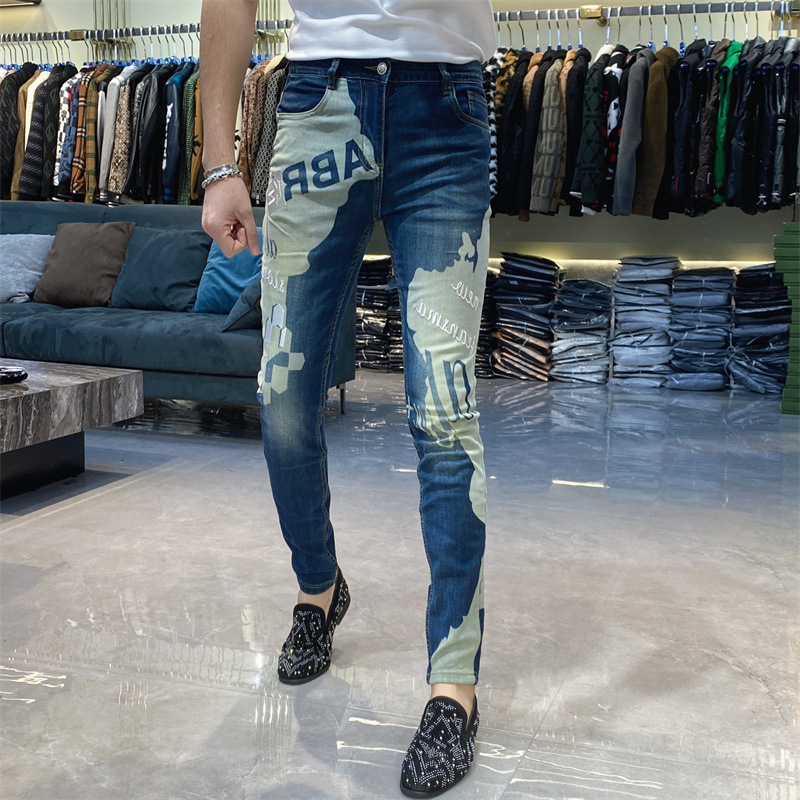 Jeansi bărbați cu broderie, stil koreean straight-leg, tapered, țesătură Cowboy 65% bumbac, micro-elastic, talie medie