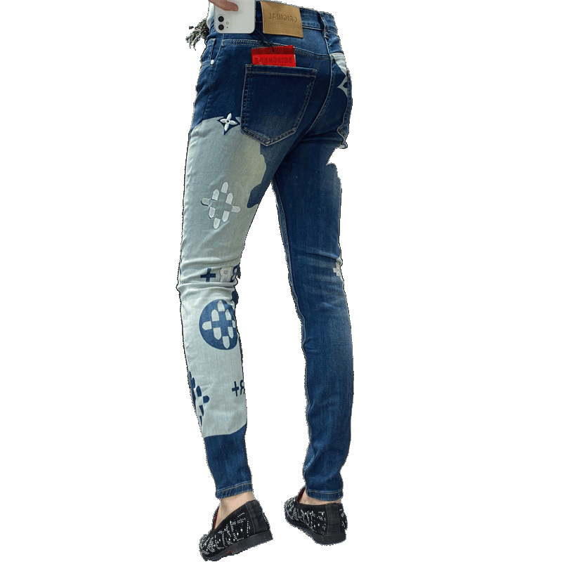 Jeansi bărbați cu broderie, stil koreean straight-leg, tapered, țesătură Cowboy 65% bumbac, micro-elastic, talie medie