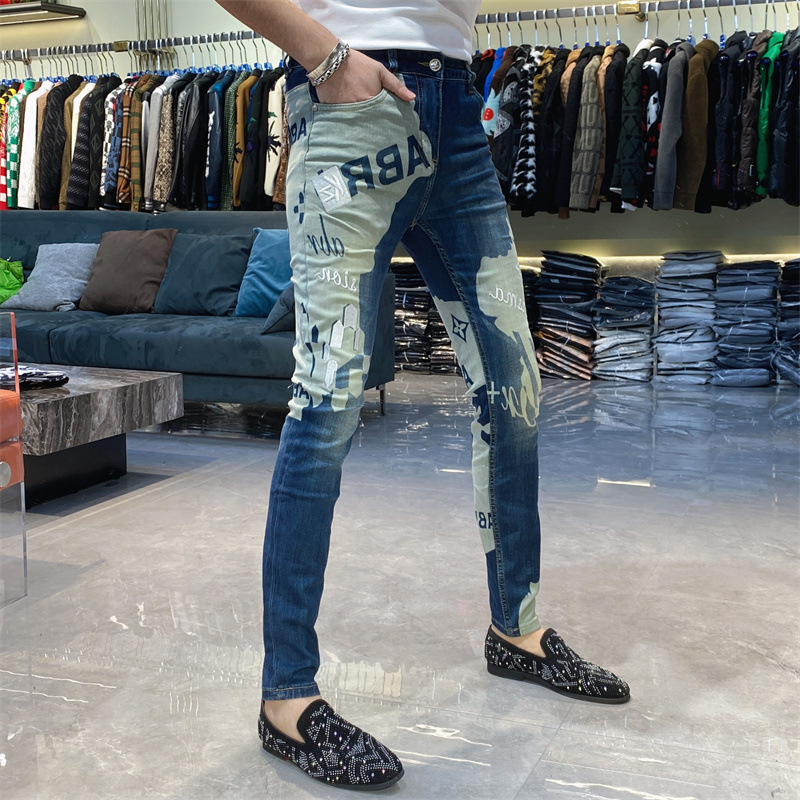 Jeansi bărbați cu broderie, stil koreean straight-leg, tapered, țesătură Cowboy 65% bumbac, micro-elastic, talie medie