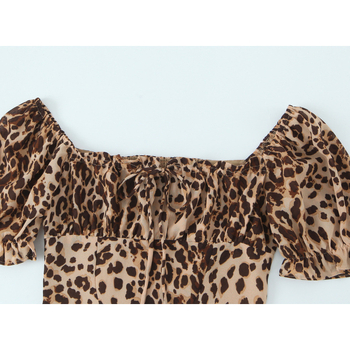 Cămașă-pulover cu imprimeu leopard, mâneci scurte, fără guler, design pull-over, poliester (95%+)