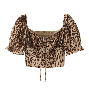 Cămașă-pulover cu imprimeu leopard, mâneci scurte, fără guler, design pull-over, poliester (95%+)