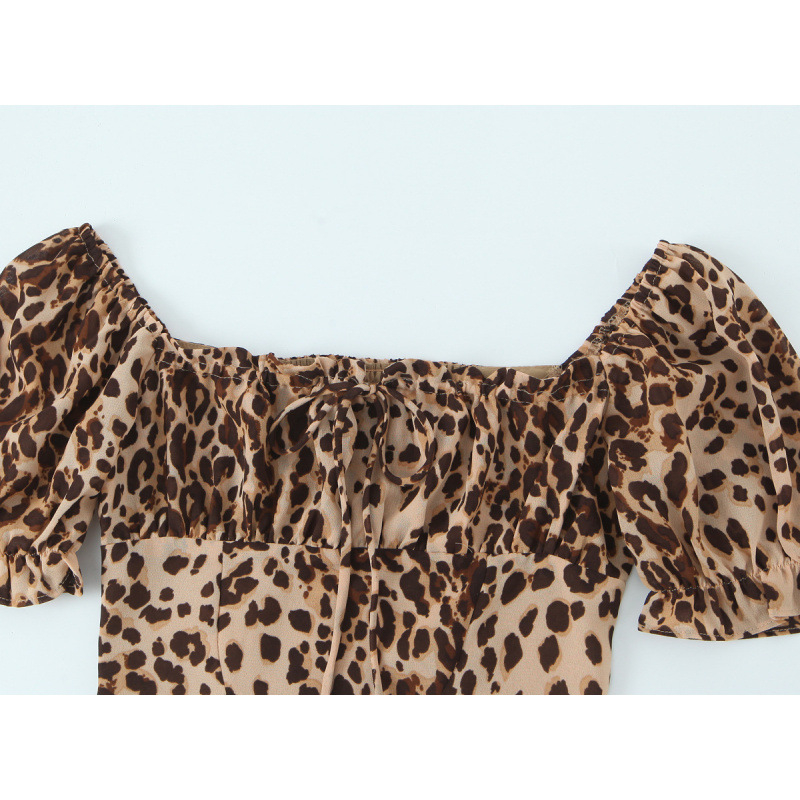 Cămașă-pulover cu imprimeu leopard, mâneci scurte, fără guler, design pull-over, poliester (95%+)