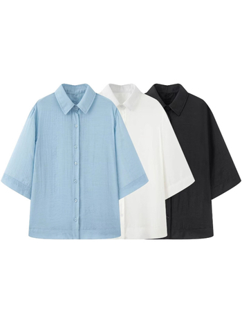 Ženska casual košulja s lapel ovratnikom, kratki rukavi, široki kroj, poliester 95%+