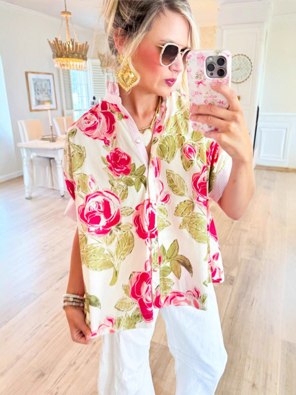 Bluza s floralnim uzorkom, ovratnik u obliku lotosovog lista, kratki rukavi, tkanina poliester 95%+