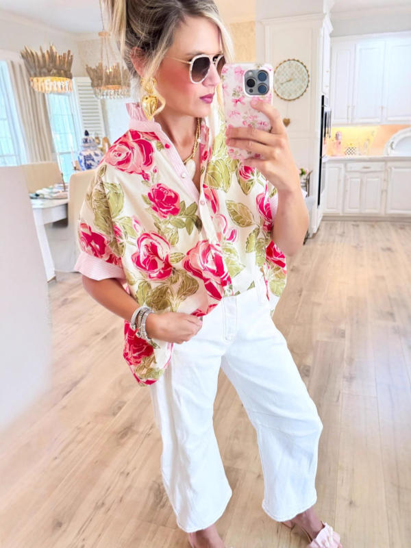 Bluza s floralnim uzorkom, ovratnik u obliku lotosovog lista, kratki rukavi, tkanina poliester 95%+