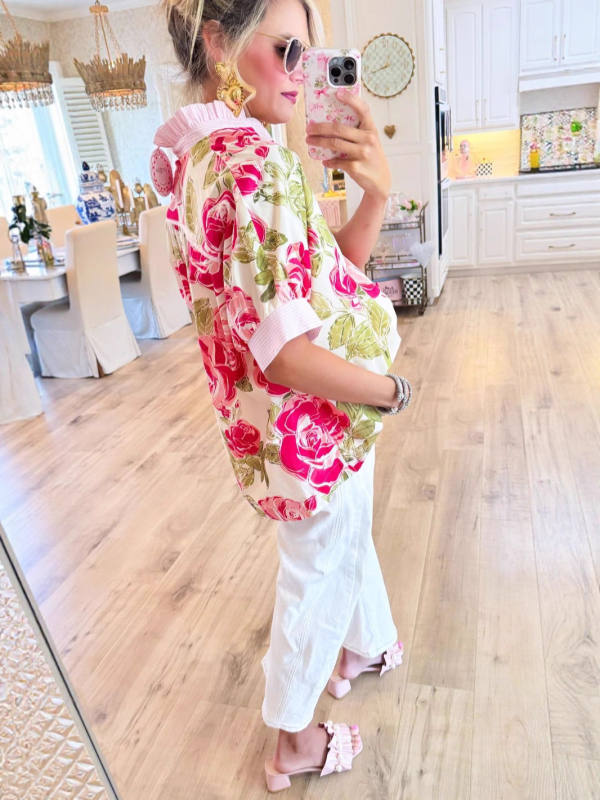 Bluza s floralnim uzorkom, ovratnik u obliku lotosovog lista, kratki rukavi, tkanina poliester 95%+