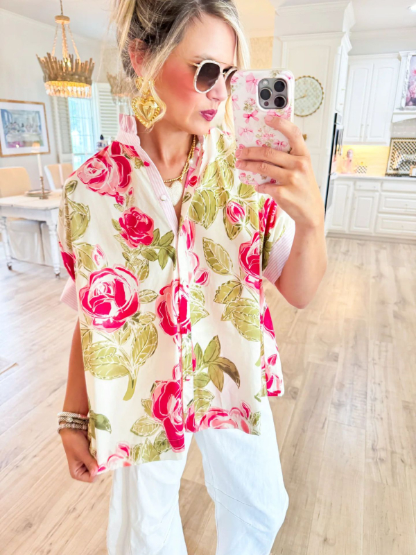 Bluza s floralnim uzorkom, ovratnik u obliku lotosovog lista, kratki rukavi, tkanina poliester 95%+