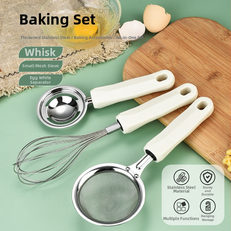 Nerezová oceľová 3-dielna sada na pečenie s oddeľovačom bielkovín, šľahačom na vajcia a multifunkčným filtrom (ne-elektrické)