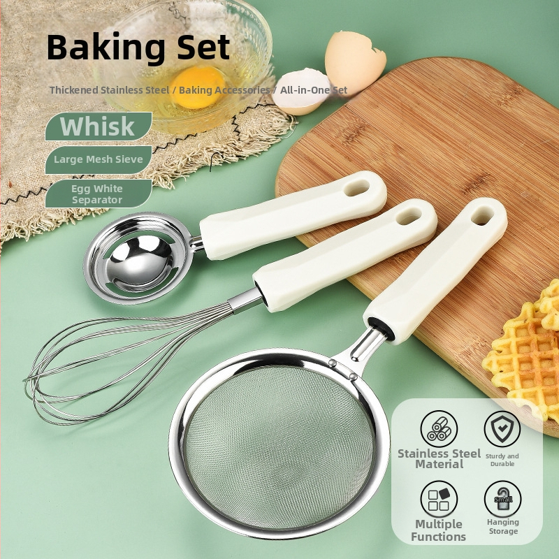Nerezová oceľová 3-dielna sada na pečenie s oddeľovačom bielkovín, šľahačom na vajcia a multifunkčným filtrom (ne-elektrické)