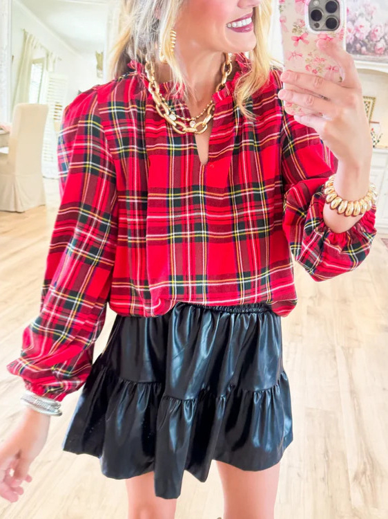 Памучна риза в каре, дълъг ръкав, V-образно деколте, елегантен делови стил, 50–70% памук