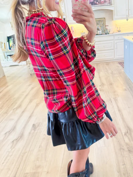 Памучна риза в каре, дълъг ръкав, V-образно деколте, елегантен делови стил, 50–70% памук