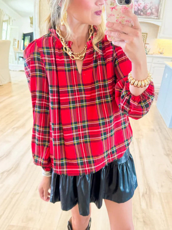 Памучна риза в каре, дълъг ръкав, V-образно деколте, елегантен делови стил, 50–70% памук