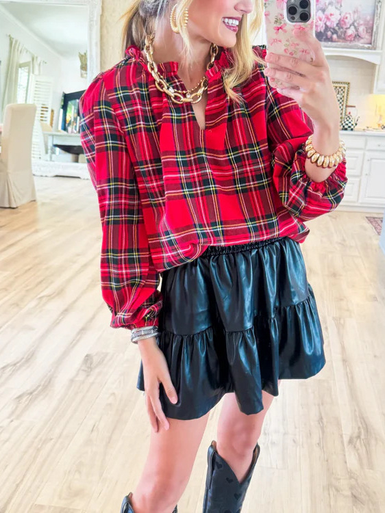 Памучна риза в каре, дълъг ръкав, V-образно деколте, елегантен делови стил, 50–70% памук