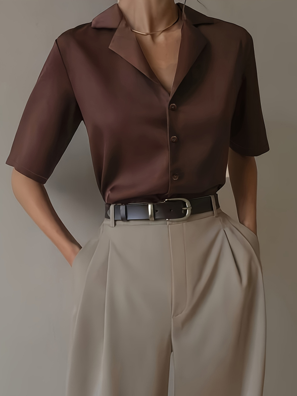 Ženska retro bluza s kratkim rukavima, kardigan stil, ovratnik s klopom (lapel collar), poliester, jedinstvena boja, uski kroj