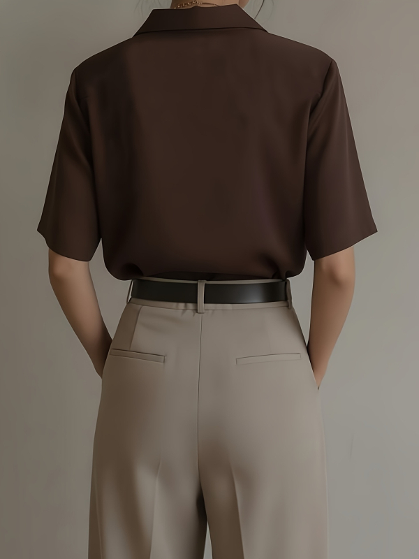 Ženska retro bluza s kratkim rukavima, kardigan stil, ovratnik s klopom (lapel collar), poliester, jedinstvena boja, uski kroj