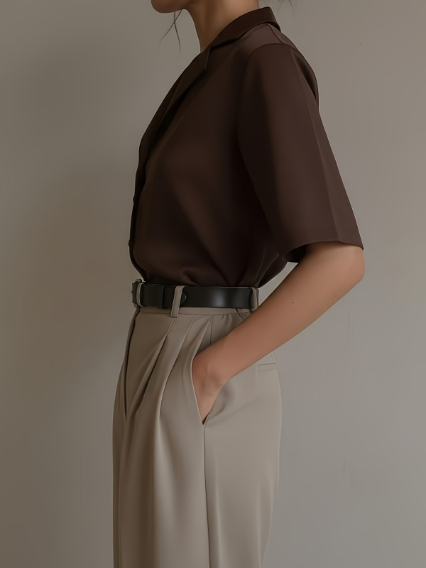 Ženska retro bluza s kratkim rukavima, kardigan stil, ovratnik s klopom (lapel collar), poliester, jedinstvena boja, uski kroj