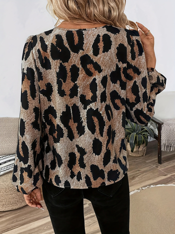 Košula s leopard printom, V-izrez, dugi rukavi, poliester, A-linija