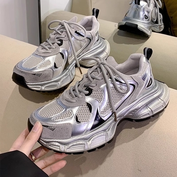 Dad Shoes s debelim potplatom, dvostruka kožna gornja s prirodnom i umjetnom kožom, prozračna mrežasta podstava, visoki gornji dio, gumena potplata