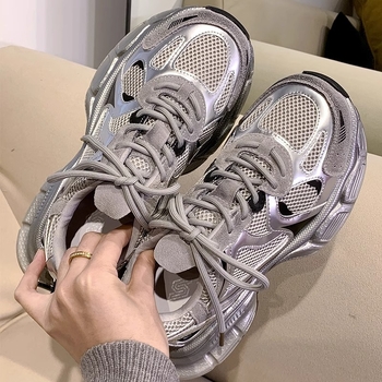 Dad Shoes s debelim potplatom, dvostruka kožna gornja s prirodnom i umjetnom kožom, prozračna mrežasta podstava, visoki gornji dio, gumena potplata