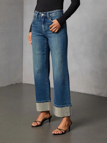 Női egyenes szabású farmernadrág denimből, hotfix köves díszítés, pamut-poliészter, magas/mid derék, mikroelasztikus, mosott felület, tél 2025