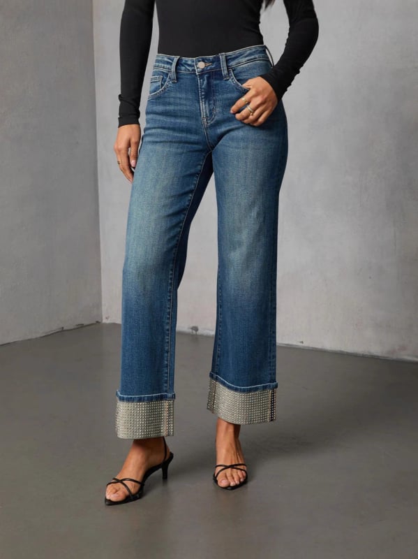 Női egyenes szabású farmernadrág denimből, hotfix köves díszítés, pamut-poliészter, magas/mid derék, mikroelasztikus, mosott felület, tél 2025