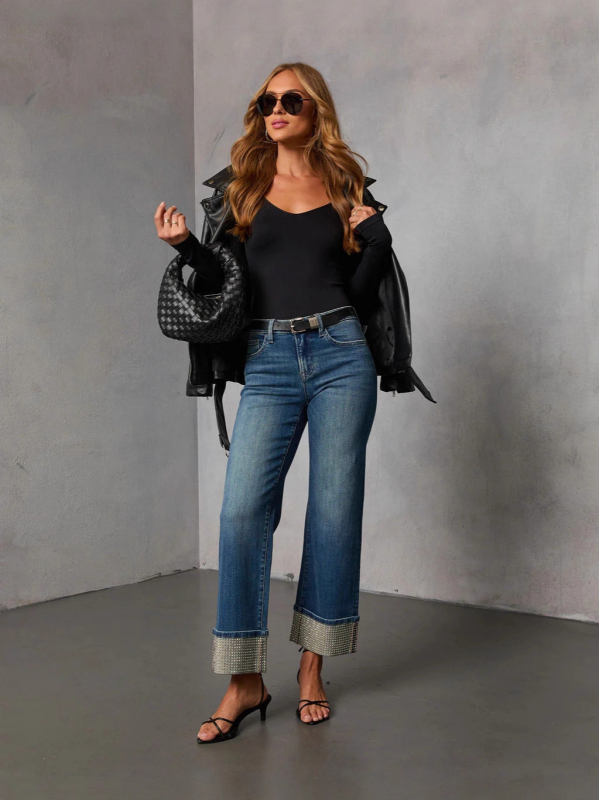 Női egyenes szabású farmernadrág denimből, hotfix köves díszítés, pamut-poliészter, magas/mid derék, mikroelasztikus, mosott felület, tél 2025