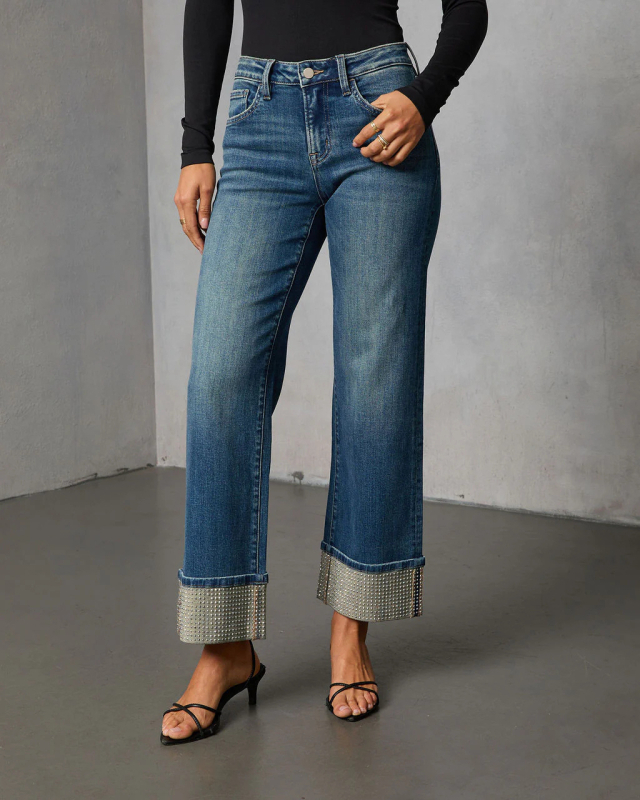 Női egyenes szabású farmernadrág denimből, hotfix köves díszítés, pamut-poliészter, magas/mid derék, mikroelasztikus, mosott felület, tél 2025