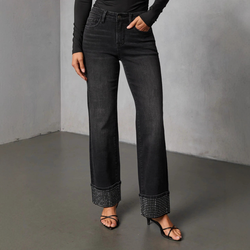 Női egyenes szabású farmernadrág denimből, hotfix köves díszítés, pamut-poliészter, magas/mid derék, mikroelasztikus, mosott felület, tél 2025