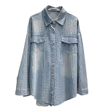 Ženska denim košulja, slobodan kroj, dugi rukavi, ovratnik s reverom, kristalni detalji toplinskom graviranju