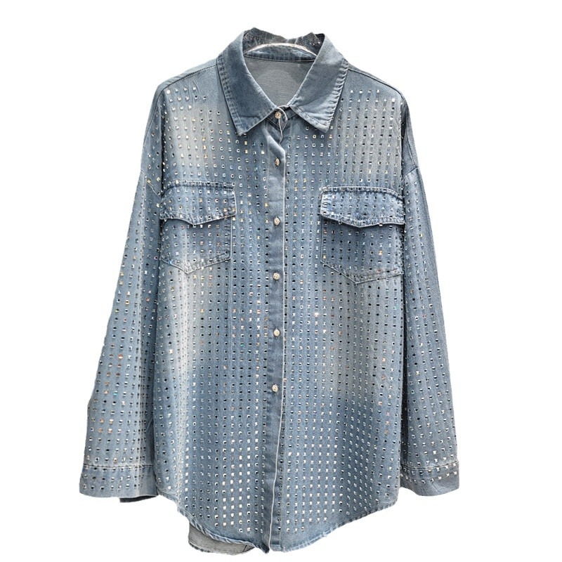 Ženska denim košulja, slobodan kroj, dugi rukavi, ovratnik s reverom, kristalni detalji toplinskom graviranju
