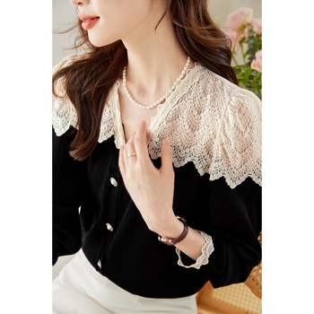 Košulja s čipkastim patchworkom, V-izrez, dugi rukav, poliester tkanina