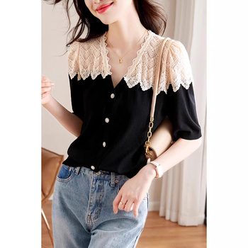 Košulja s čipkastim patchworkom, V-izrez, dugi rukav, poliester tkanina