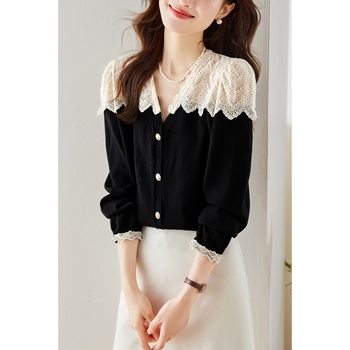 Košulja s čipkastim patchworkom, V-izrez, dugi rukav, poliester tkanina