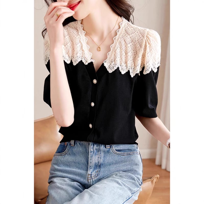 Košulja s čipkastim patchworkom, V-izrez, dugi rukav, poliester tkanina