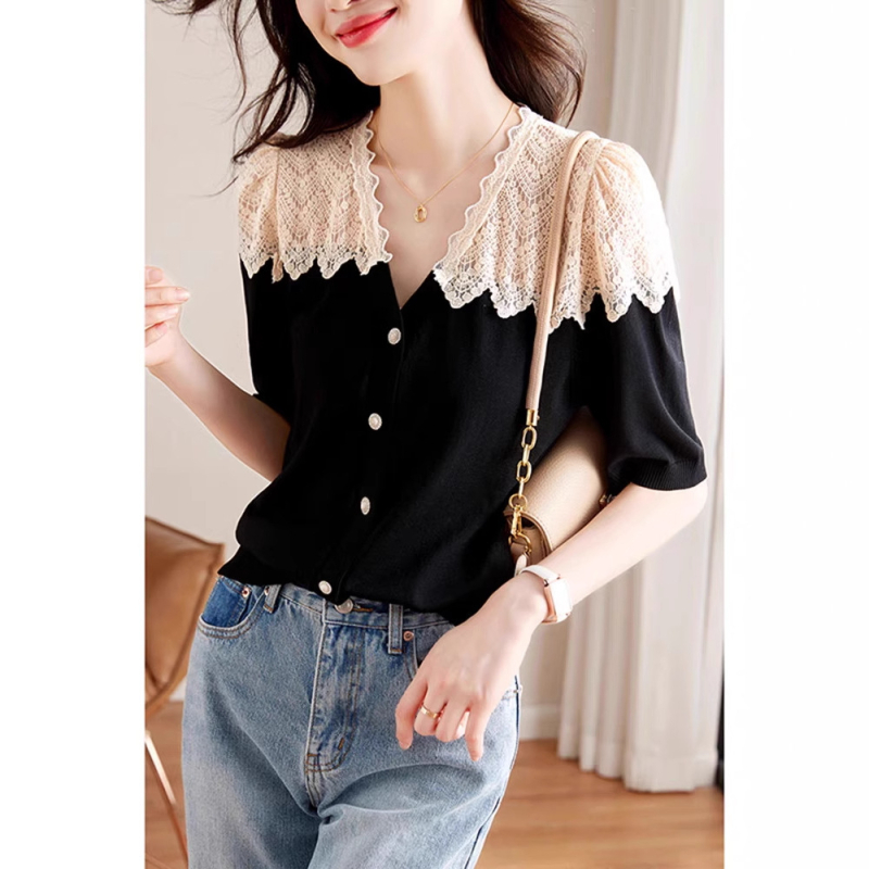 Košulja s čipkastim patchworkom, V-izrez, dugi rukav, poliester tkanina