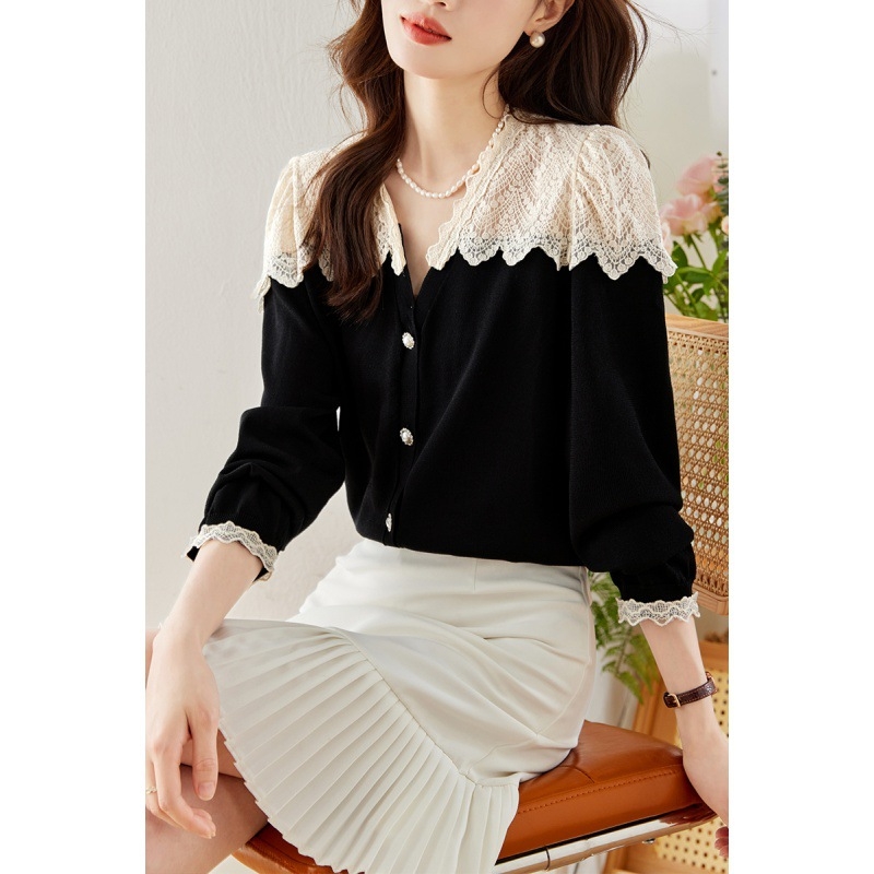 Košulja s čipkastim patchworkom, V-izrez, dugi rukav, poliester tkanina